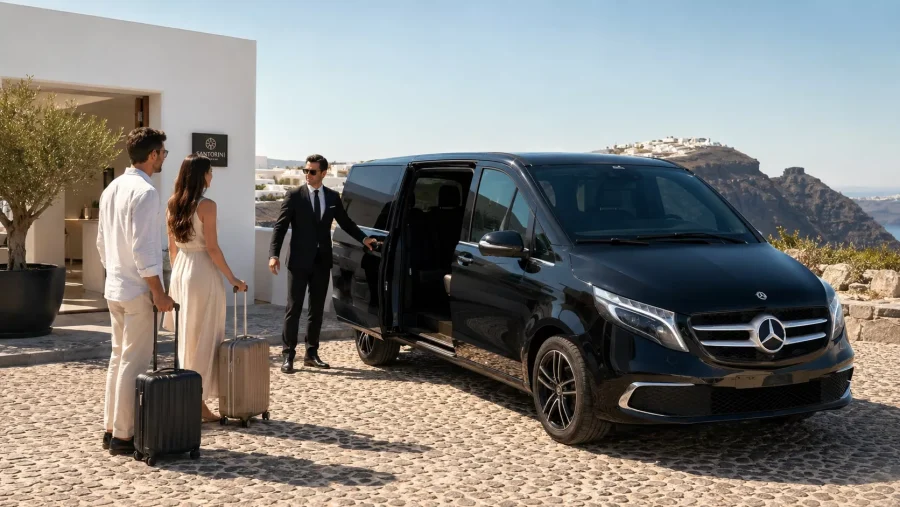 move to santorini transfers driver greeting couple luggage