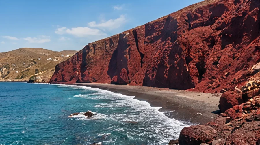 move to santorini transfers red beach volcanic cliffs